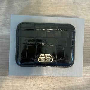 Balenciaga BB Croc-Embossed Leather Card Holder- Black